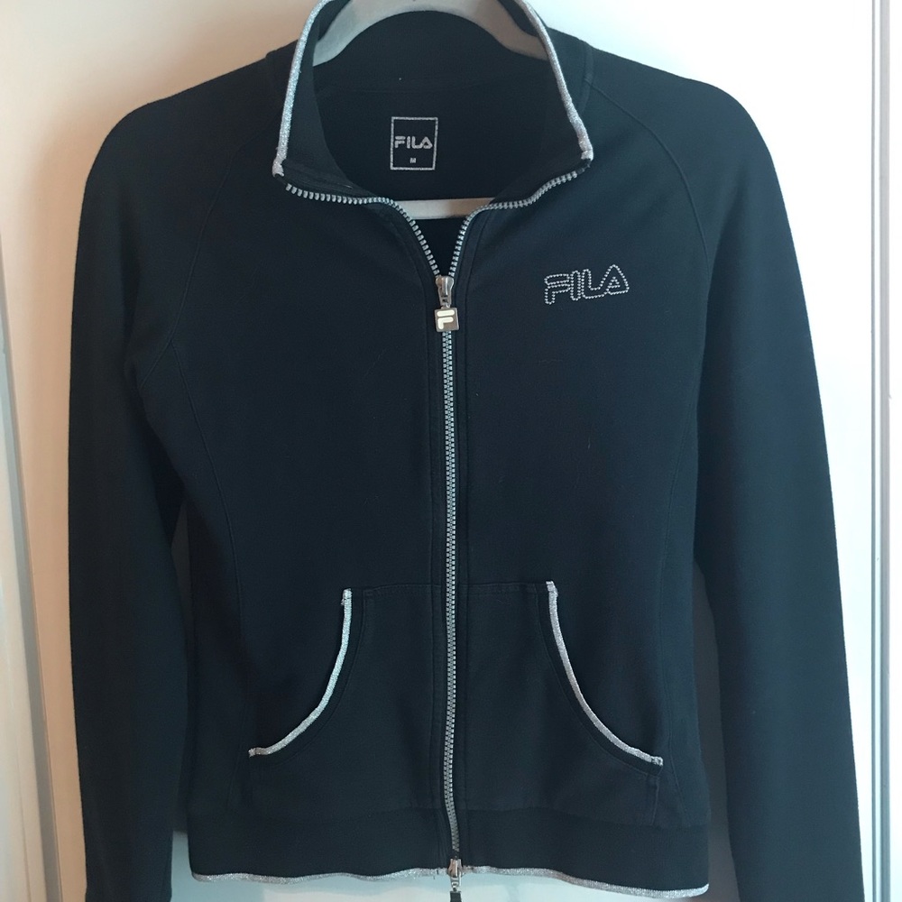 Women’s Fila black jersey/jacket/zip up with silver details Size M, fits as S